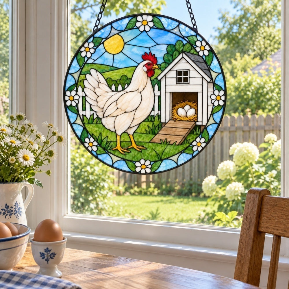 Hen with eggs stained glass suncatcher window hanging, suitable for home and garden decoration