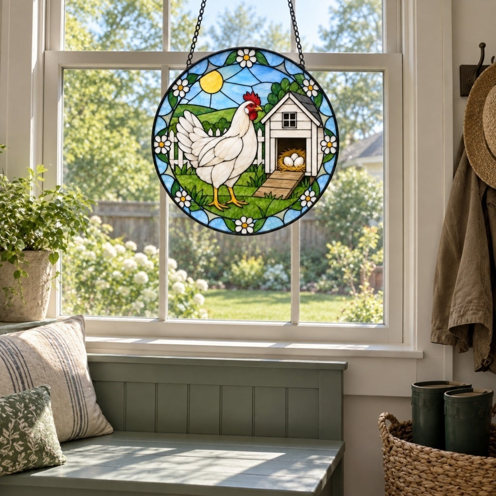 Hen with eggs stained glass suncatcher window hanging, suitable for home and garden decoration
