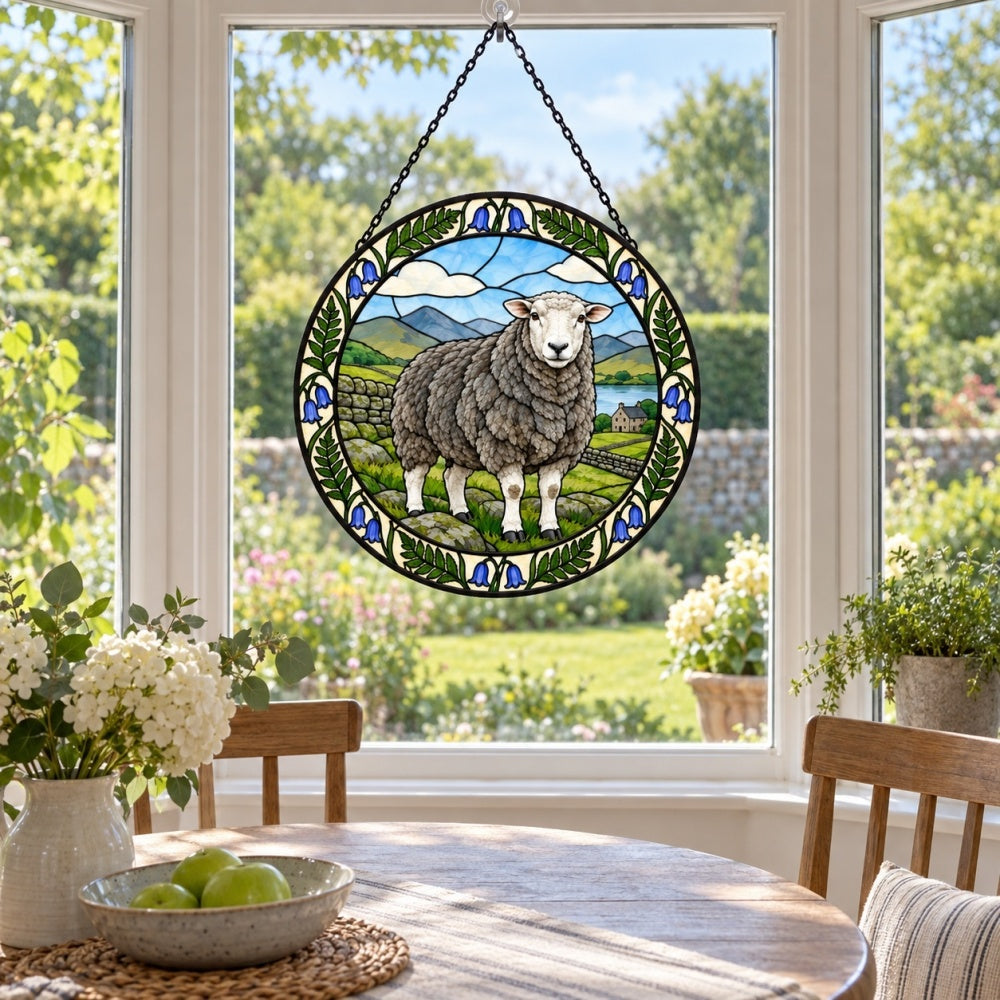 Herdwick sheep stained glass suncatcher window hanging, suitable for home and garden decoration