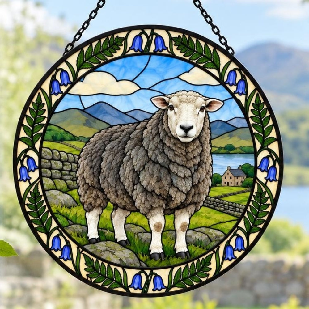 Herdwick sheep stained glass suncatcher window hanging, suitable for home and garden decoration