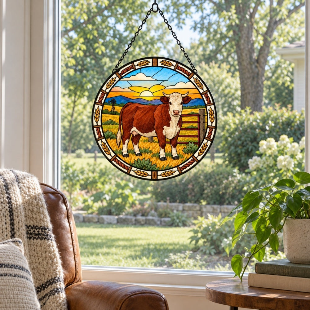 Hereford cattle stained glass suncatcher window hanging, suitable for home and garden decoration