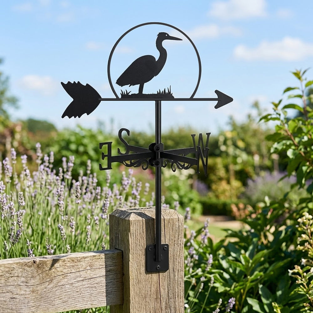 Heron metal weather vane with directional arrows and mounting rod, outdoor roof and garden decoration