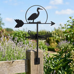 Heron metal weather vane with directional arrows and mounting rod, outdoor roof and garden decoration