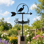 Heron metal weather vane with directional arrows and mounting rod, outdoor roof and garden decoration