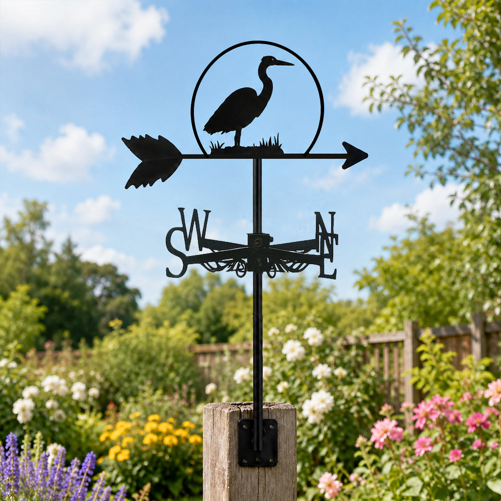 Heron metal weather vane with directional arrows and mounting rod, outdoor roof and garden decoration