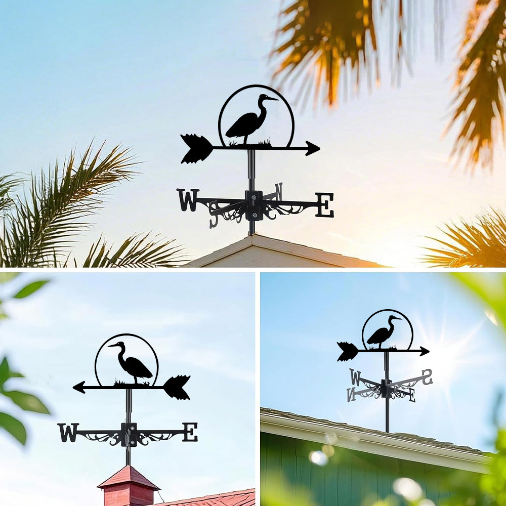Heron metal weather vane with directional arrows and mounting rod, outdoor roof and garden decoration