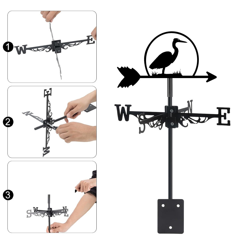 Heron metal weather vane with directional arrows and mounting rod, outdoor roof and garden decoration