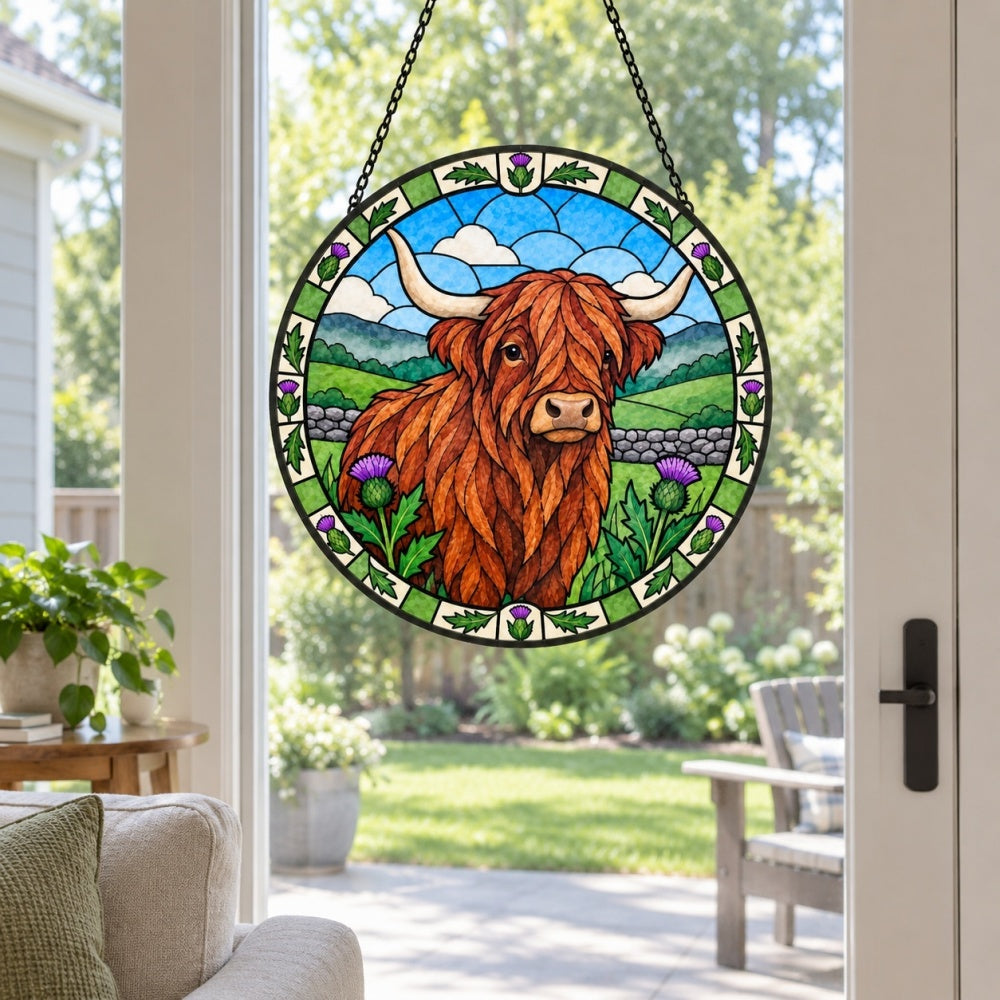 Highland cattle stained glass suncatcher window hanging, suitable for home and garden decoration