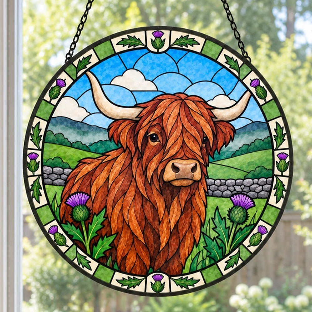 Highland cattle stained glass suncatcher window hanging, suitable for home and garden decoration