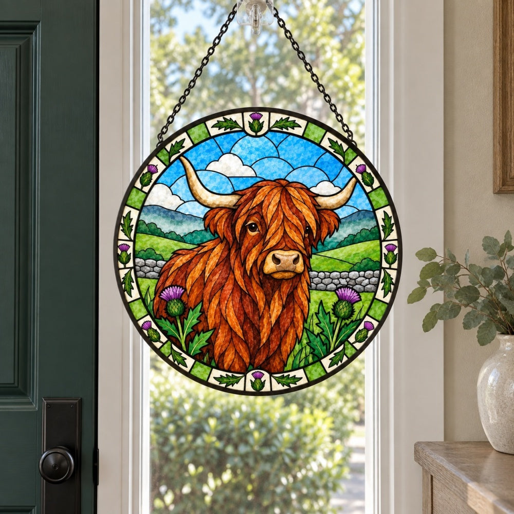 Highland cattle stained glass suncatcher window hanging, suitable for home and garden decoration