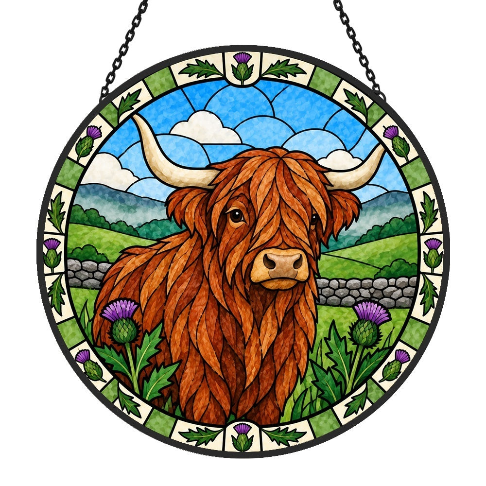 Highland cattle stained glass suncatcher window hanging, suitable for home and garden decoration