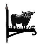 Highland cow silhouette metal hanging basket bracket mounted on outdoor wall for plant decoration