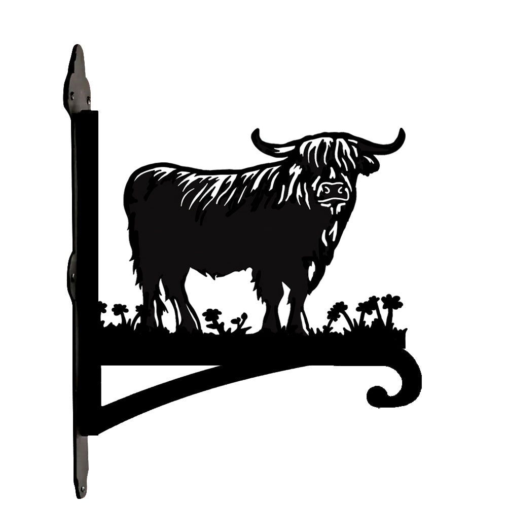 Highland cow silhouette metal hanging basket bracket mounted on outdoor wall for plant decoration