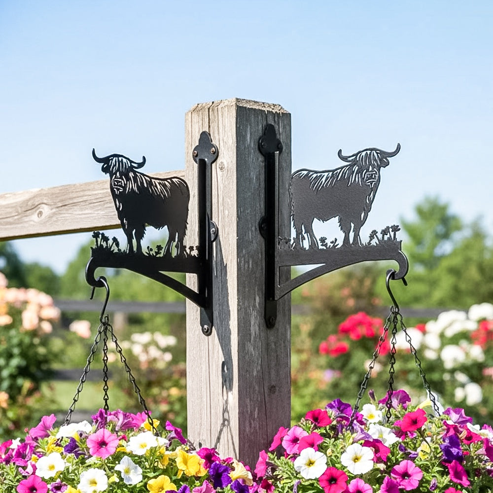Highland cow silhouette metal hanging basket bracket mounted on outdoor wall for plant decoration