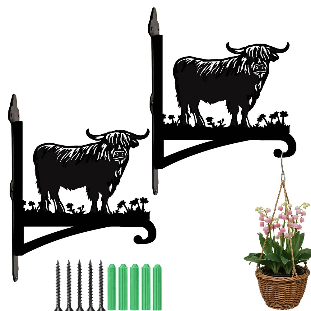 Highland cow silhouette metal hanging basket bracket mounted on outdoor wall for plant decoration