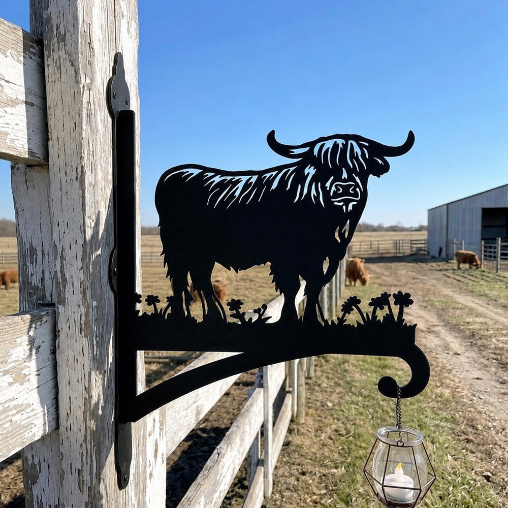 Highland cow silhouette metal hanging basket bracket mounted on outdoor wall for plant decoration