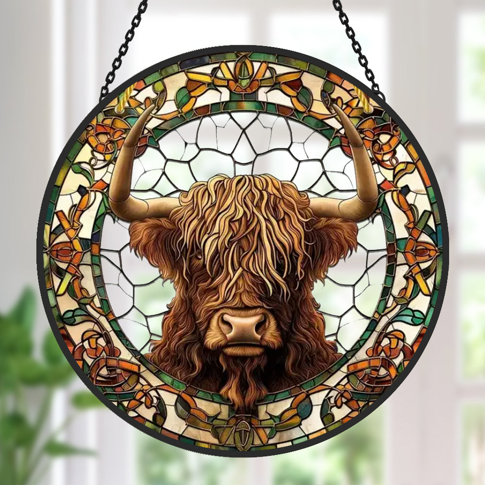 Highland cow stained glass suncatcher window hanging, suitable for home and garden decoration