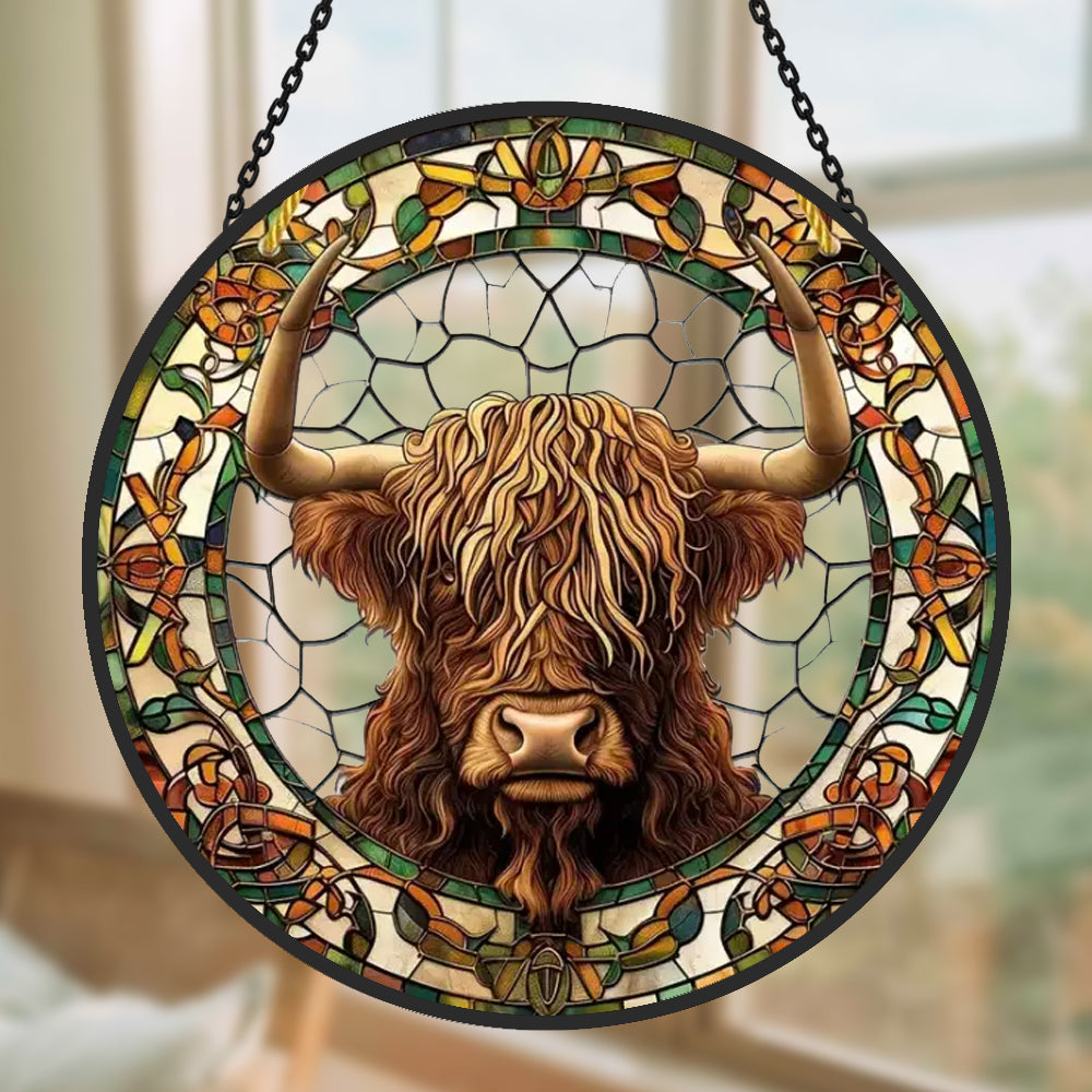 Highland cow stained glass suncatcher window hanging, suitable for home and garden decoration