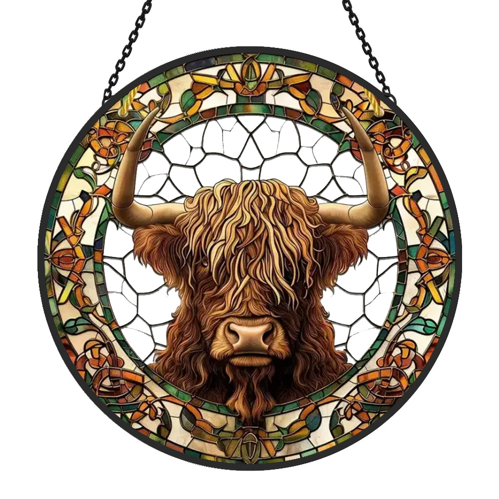Highland cow stained glass suncatcher window hanging, suitable for home and garden decoration