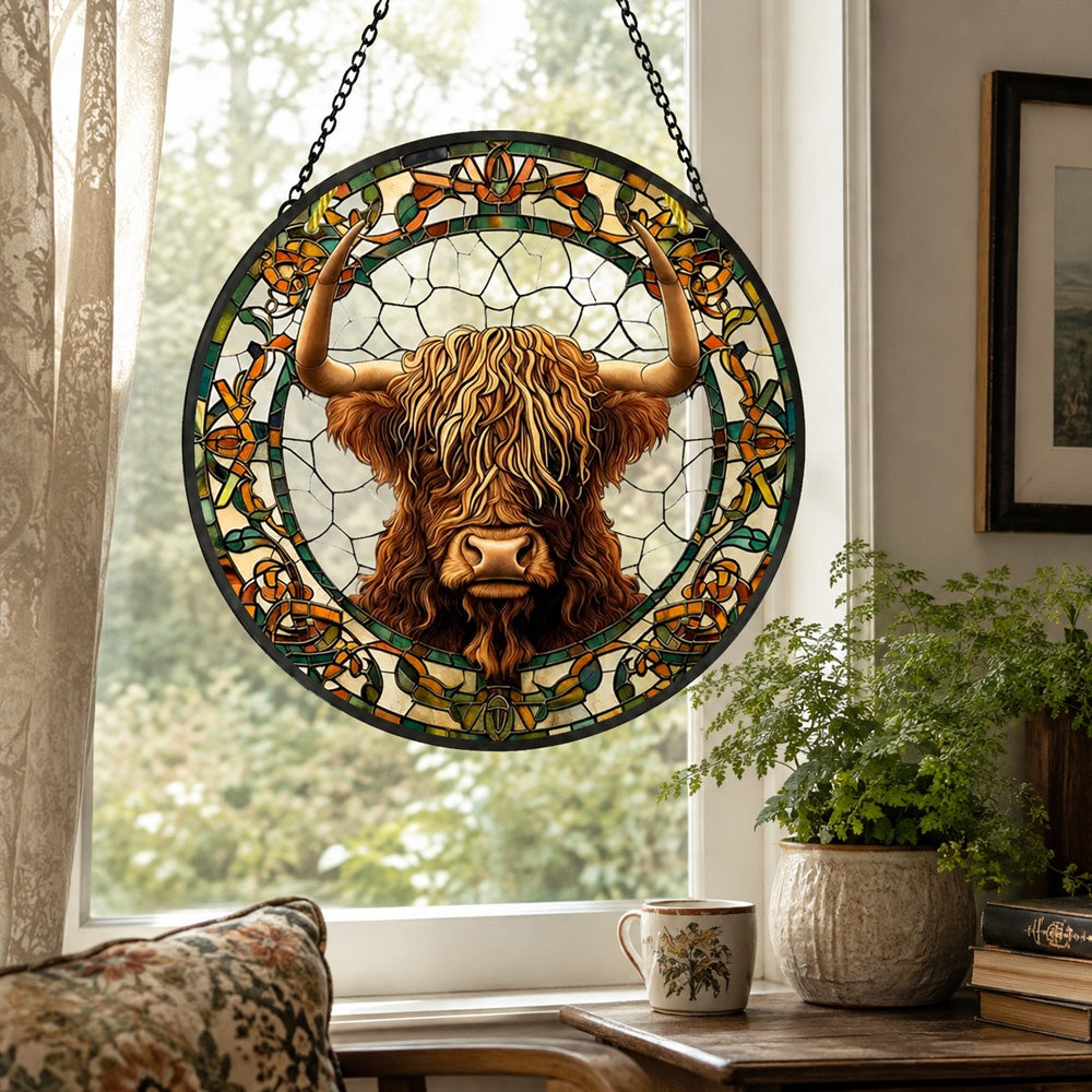 Highland cow stained glass suncatcher window hanging, suitable for home and garden decoration