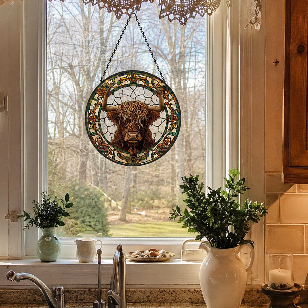 Highland cow stained glass suncatcher window hanging, suitable for home and garden decoration