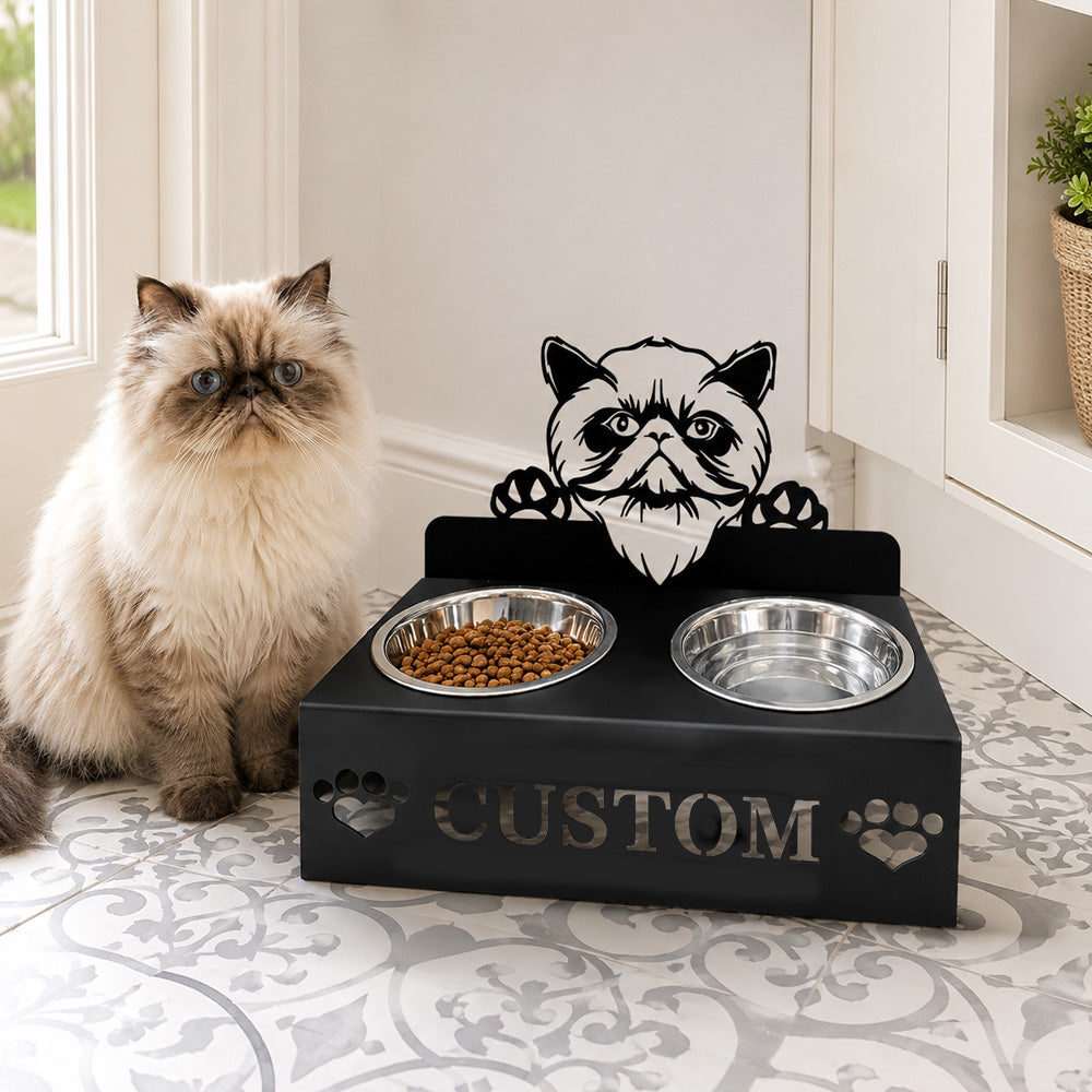 Personalized himalayan cat metal cat bowl stand with custom name cutout and two removable feeding bowls