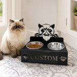 Personalized himalayan cat metal cat bowl stand with custom name cutout and two removable feeding bowls