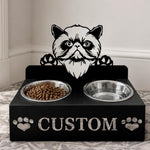 Personalized himalayan cat metal cat bowl stand with custom name cutout and two removable feeding bowls