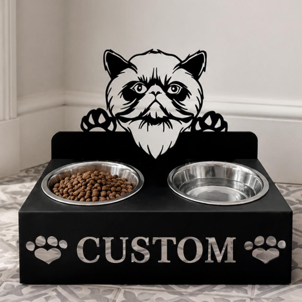 Personalized himalayan cat metal cat bowl stand with custom name cutout and two removable feeding bowls
