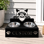 Personalized himalayan cat metal cat bowl stand with custom name cutout and two removable feeding bowls