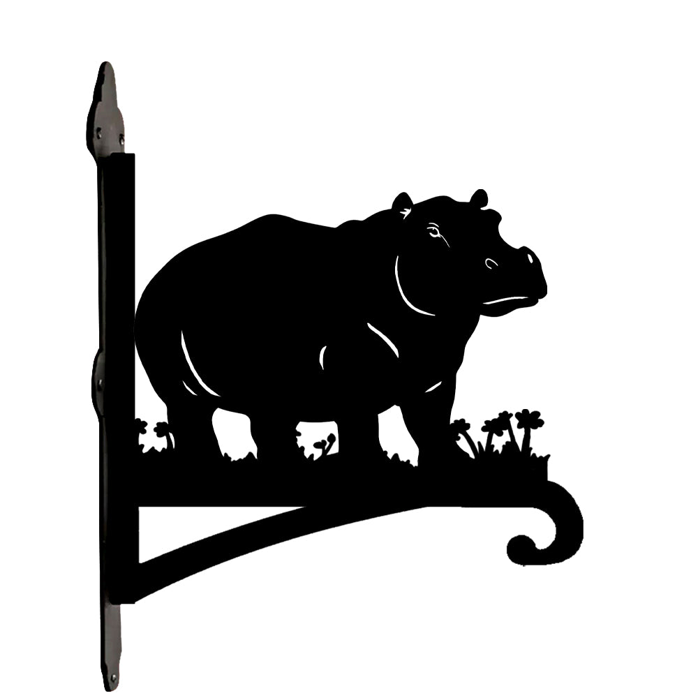 Hippo silhouette metal hanging basket bracket mounted on outdoor wall for plant decoration