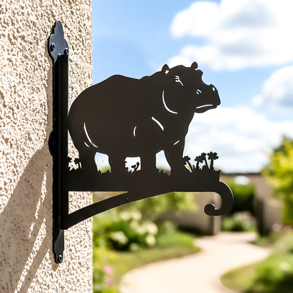 Hippo silhouette metal hanging basket bracket mounted on outdoor wall for plant decoration