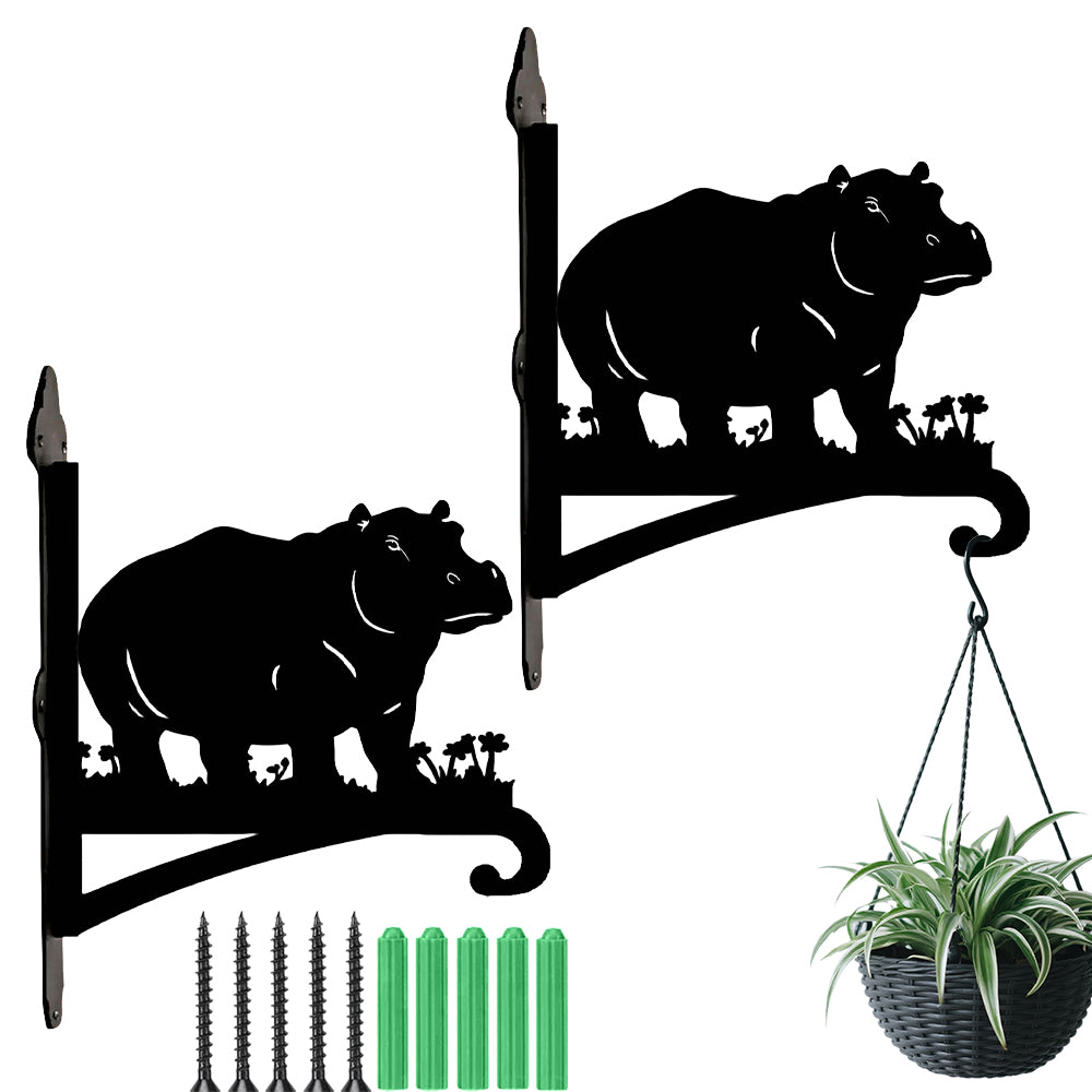 Hippo silhouette metal hanging basket bracket mounted on outdoor wall for plant decoration