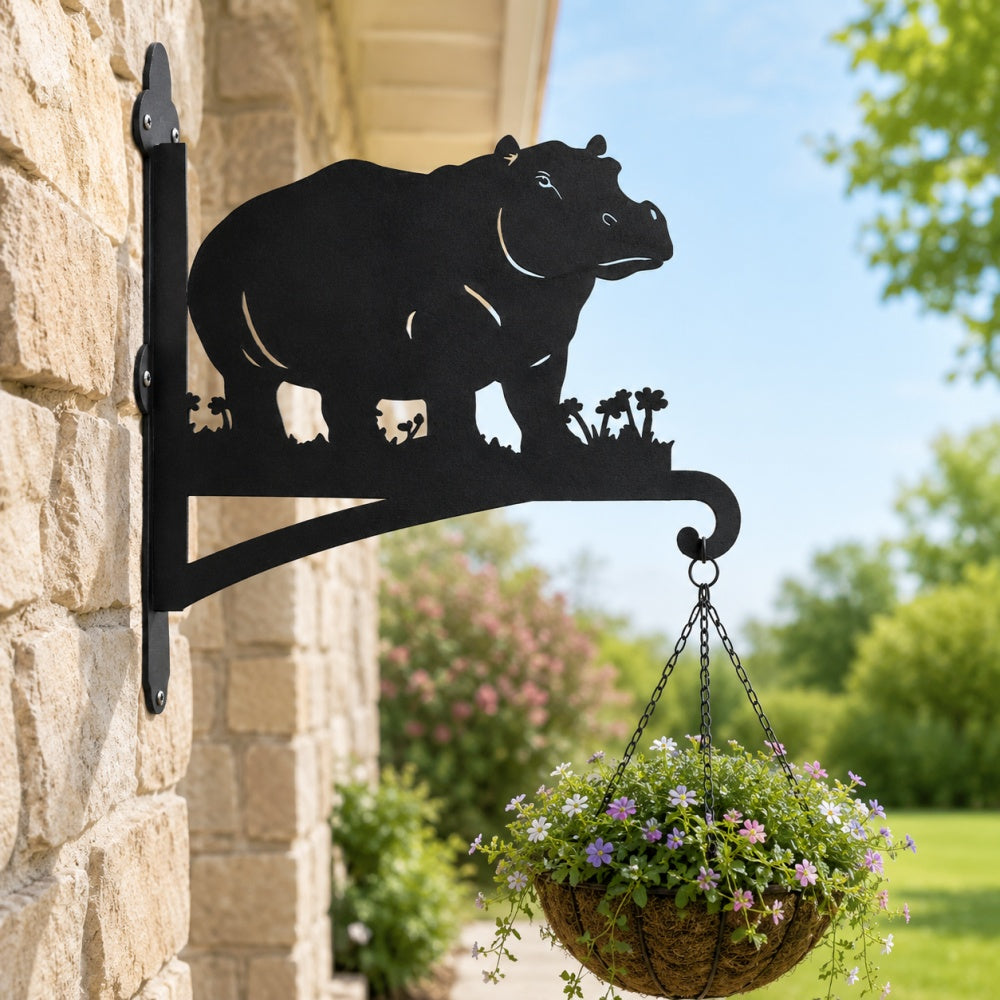 Hippo silhouette metal hanging basket bracket mounted on outdoor wall for plant decoration