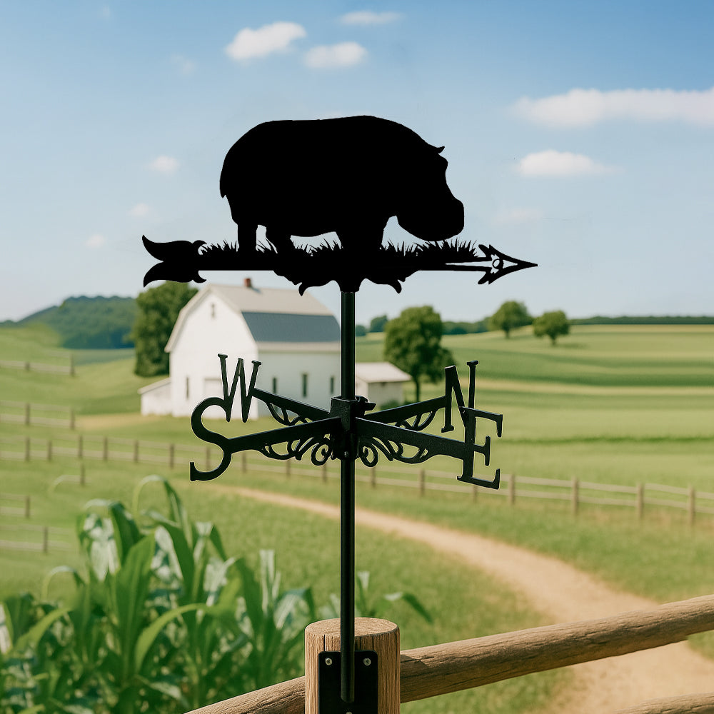 Hippo metal weather vane with directional arrows and mounting rod, outdoor roof and garden decoration