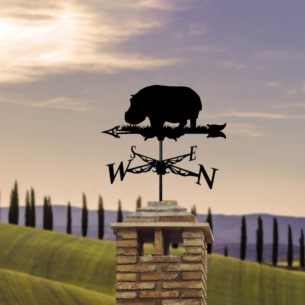Hippo metal weather vane with directional arrows and mounting rod, outdoor roof and garden decoration
