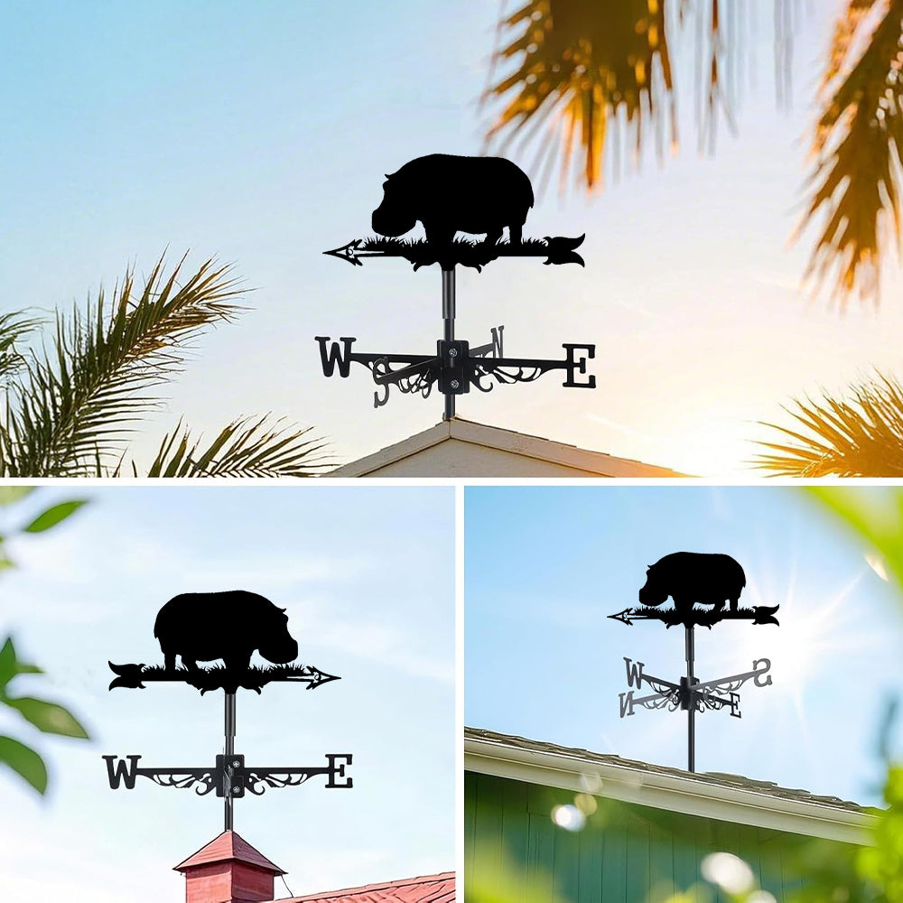 Hippo metal weather vane with directional arrows and mounting rod, outdoor roof and garden decoration