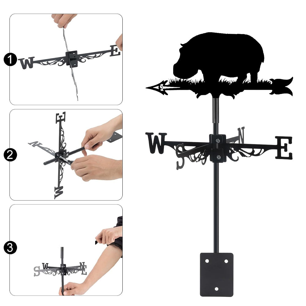 Hippo metal weather vane with directional arrows and mounting rod, outdoor roof and garden decoration