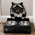 Personalized holy burma cat metal cat bowl stand with custom name cutout and two removable feeding bowls