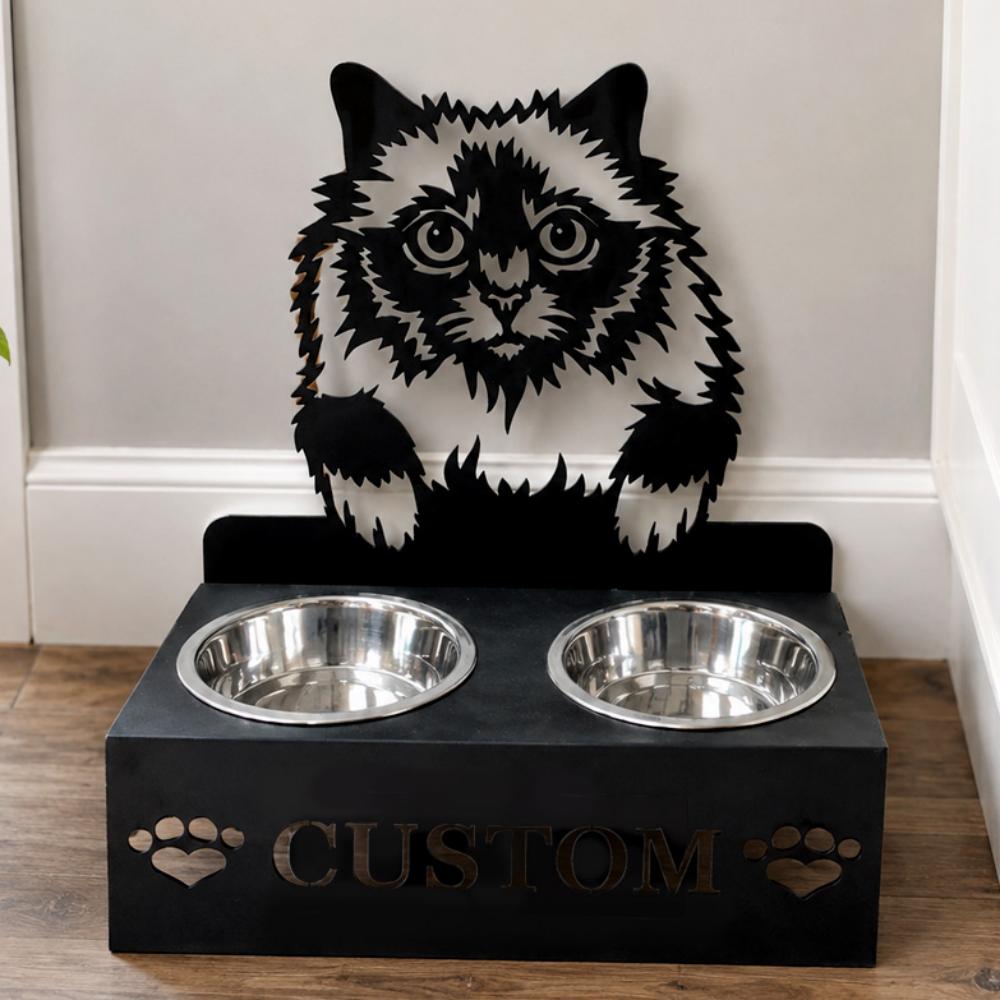 Personalized holy burma cat metal cat bowl stand with custom name cutout and two removable feeding bowls