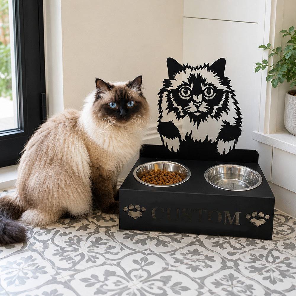 Personalized holy burma cat metal cat bowl stand with custom name cutout and two removable feeding bowls