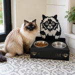 Personalized holy burma cat metal cat bowl stand with custom name cutout and two removable feeding bowls