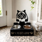 Personalized holy burma cat metal cat bowl stand with custom name cutout and two removable feeding bowls