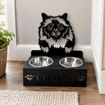 Personalized holy burma cat metal cat bowl stand with custom name cutout and two removable feeding bowls