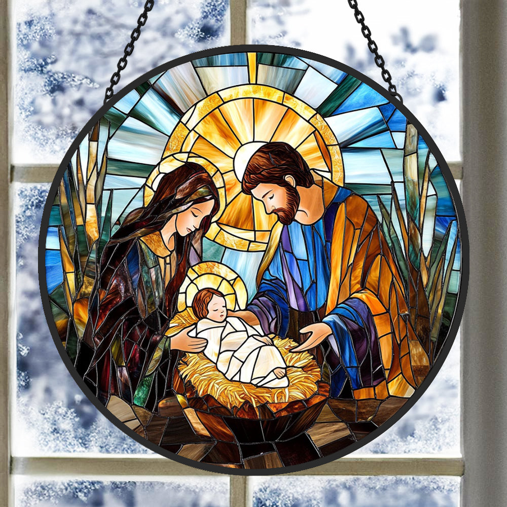 Holy family nativity scene stained glass suncatcher window hanging, suitable for home and garden decoration