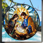 Holy family nativity scene stained glass suncatcher window hanging, suitable for home and garden decoration
