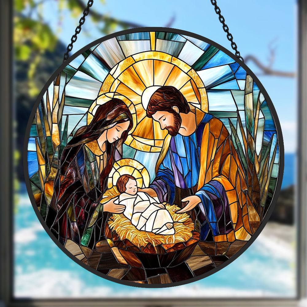 Holy family nativity scene stained glass suncatcher window hanging, suitable for home and garden decoration