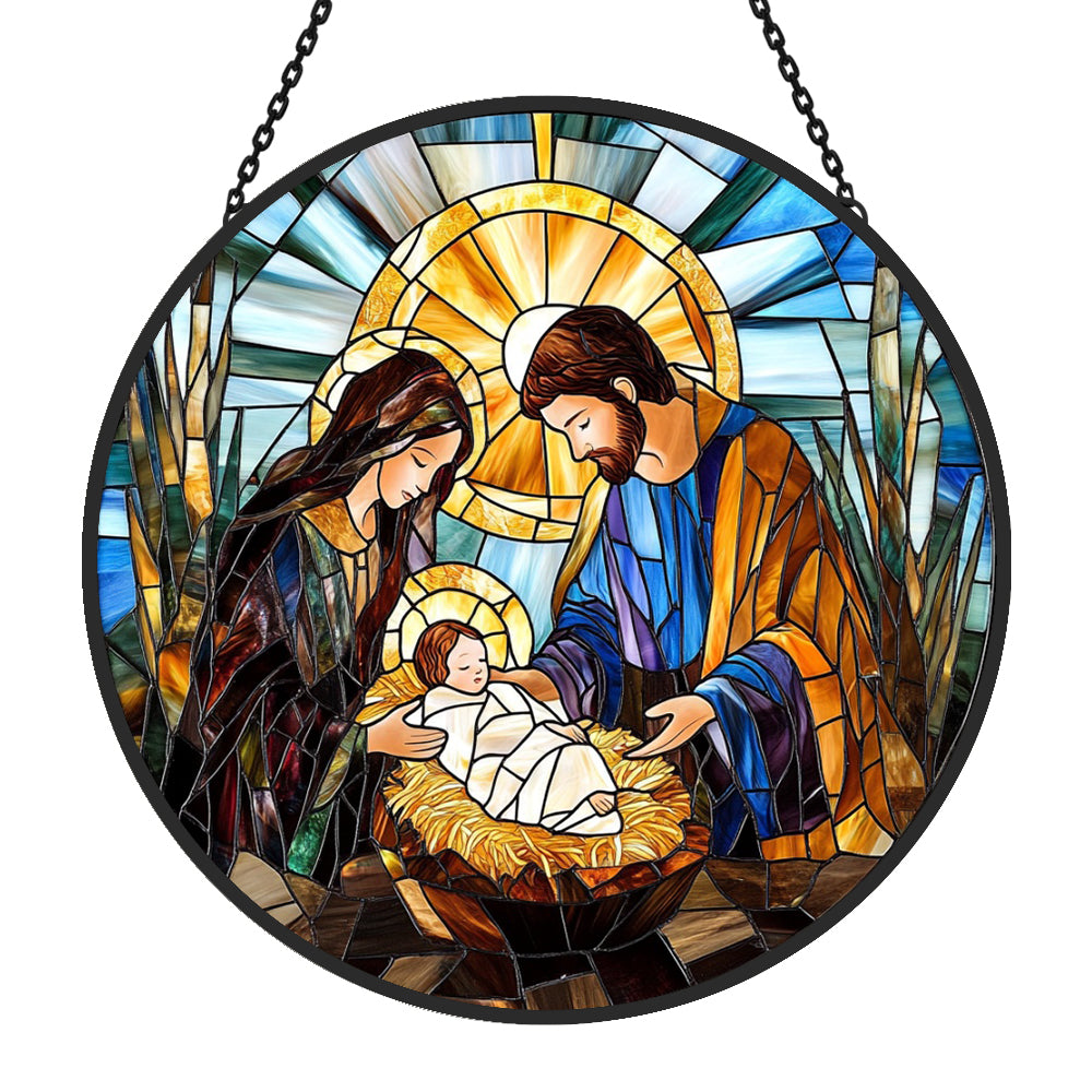 Holy family nativity scene stained glass suncatcher window hanging, suitable for home and garden decoration