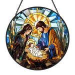 Holy family nativity scene stained glass suncatcher window hanging, suitable for home and garden decoration