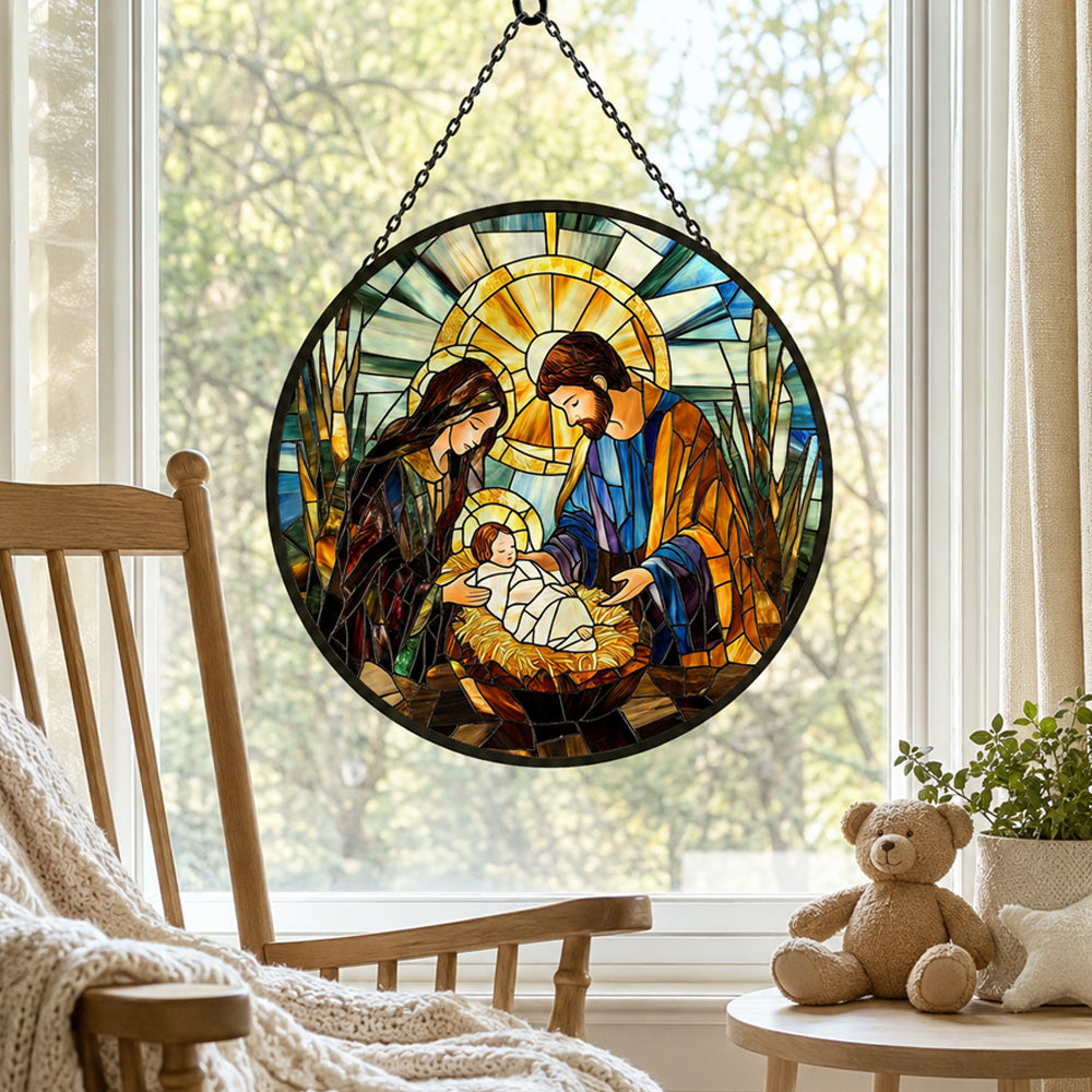 Holy family nativity scene stained glass suncatcher window hanging, suitable for home and garden decoration